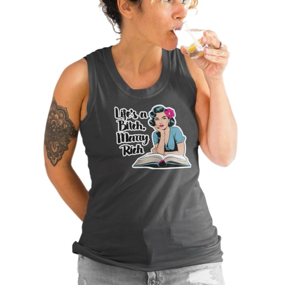 ‘Life’s a Bi$&h, Marry Rich’ Pin Up Black Heather Graphic Muscle Tee - Picture 1 of 10